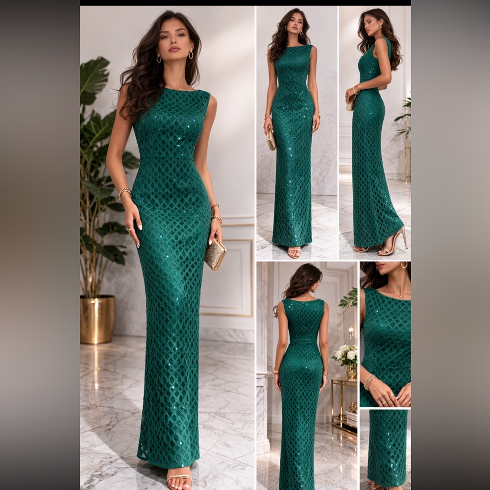 Aidan Mattox Emerald Sequin sleeveless Maxi Dress